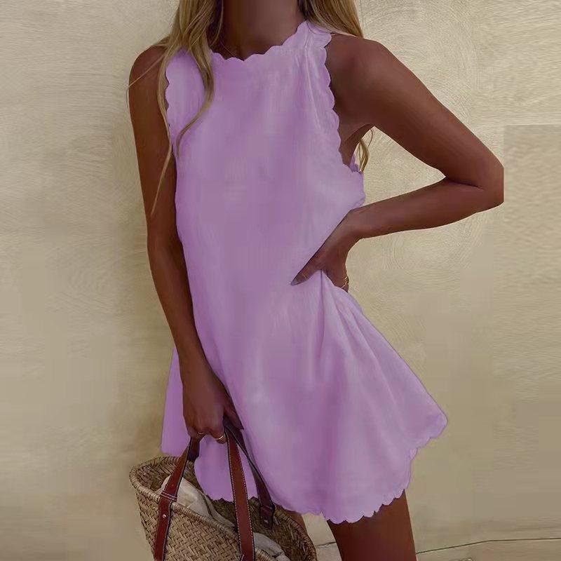Women's casual cotton mini dress sleeveless round neck solid wave hem spring summer everyday wear