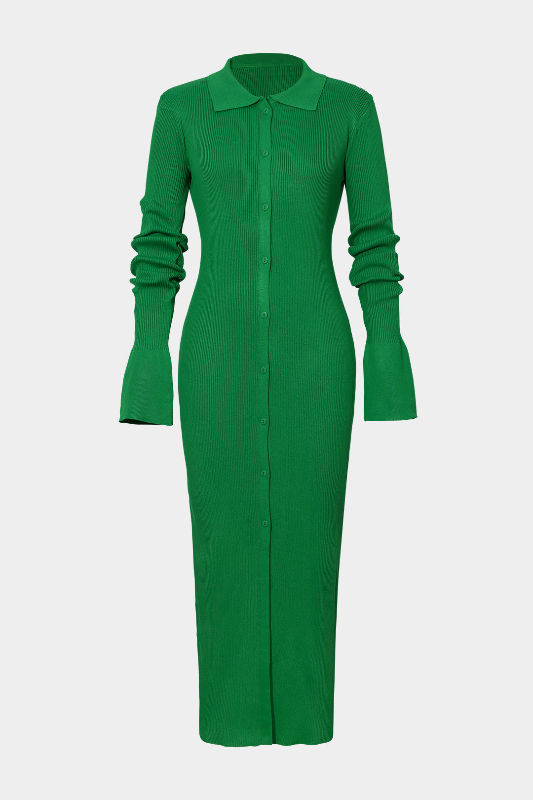 Women's ribbed knit maxi dress with structured collar, long sleeves, and button-front placket