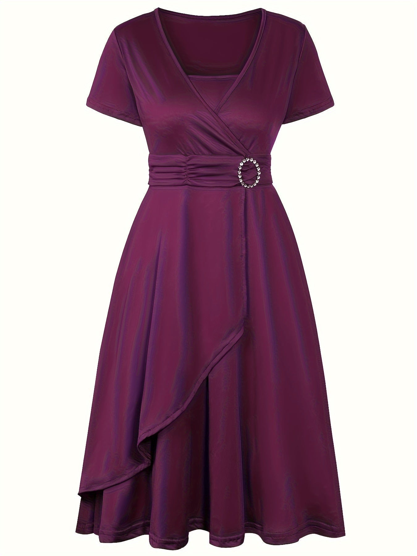 Women's wrap dress V-neck short sleeves elegant waist detail flattering day-to-night silhouette