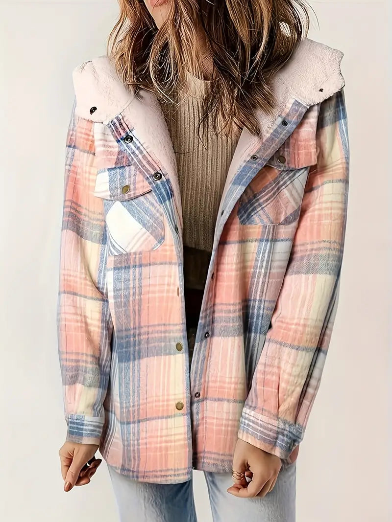 Women's checked hooded jacket long fitted silhouette cozy warm plaid pattern for daily elegance