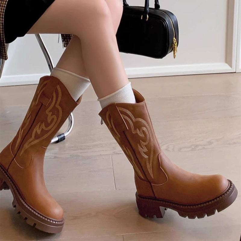 Women's waterproof retro mid-calf boots with thick block heel and microfiber upper for winter