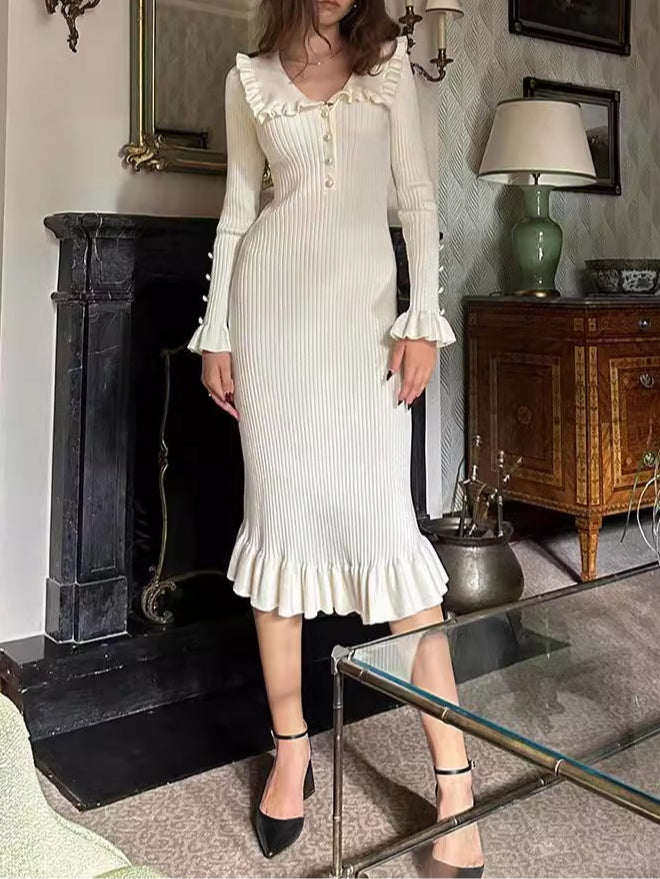 Women's ruffled knitted midi dress in viscose patchwork pullover style with long sleeves