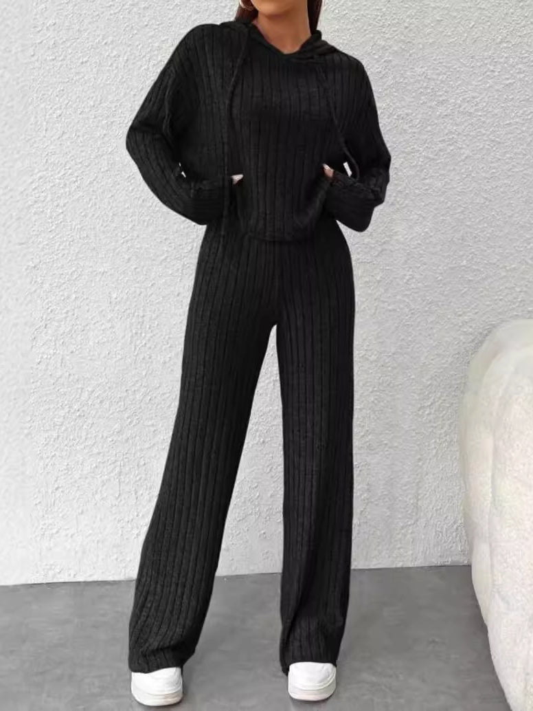 Women's striped knit hooded set dropped shoulders patchwork polyester loose casual comfort loungewear