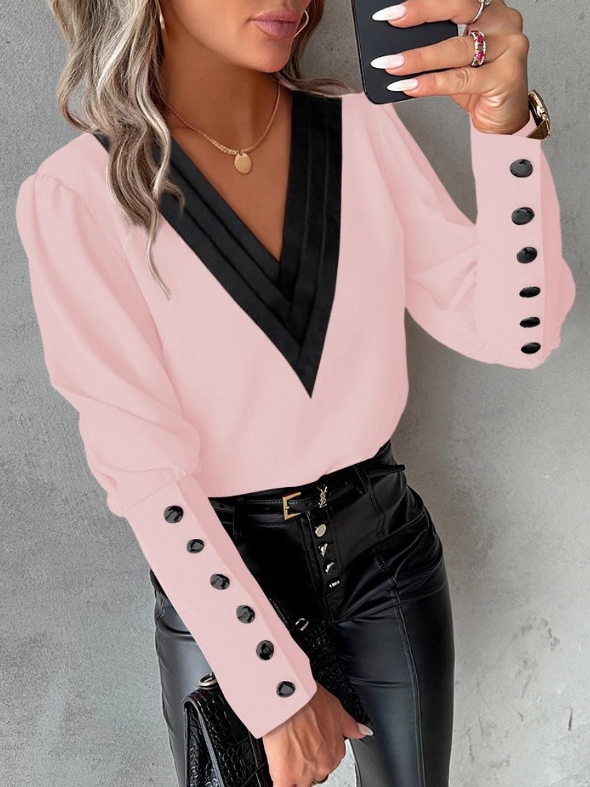 Women's solid color polyester V-neck button-up shirt long sleeve flattering autumn pullover top
