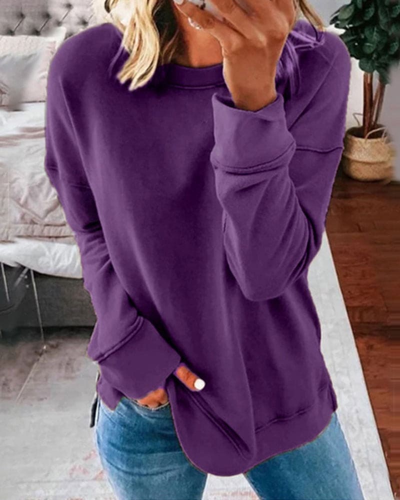 Women's loose fit cotton-polyester pullover sweater in solid color, lightweight breathable everyday casual style