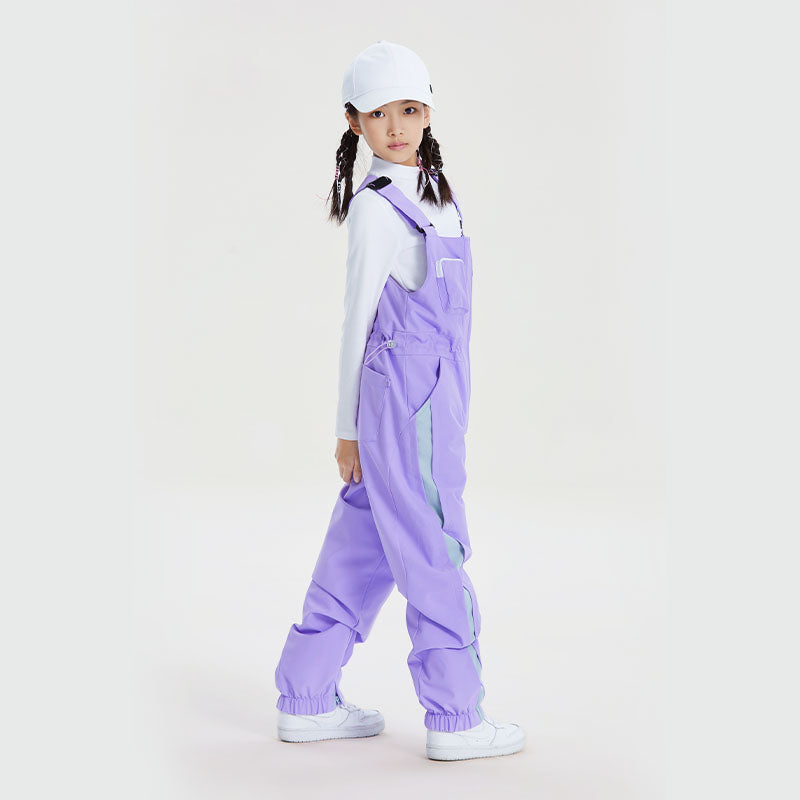 Kids waterproof snow bib ski pants with gaiters, taped seams, 15K breathable protection