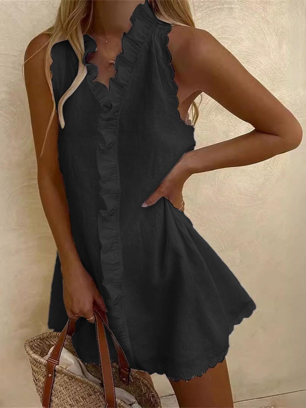 Women's white cotton linen mini dress with ruffled lotus leaf collar and breezy summer silhouette