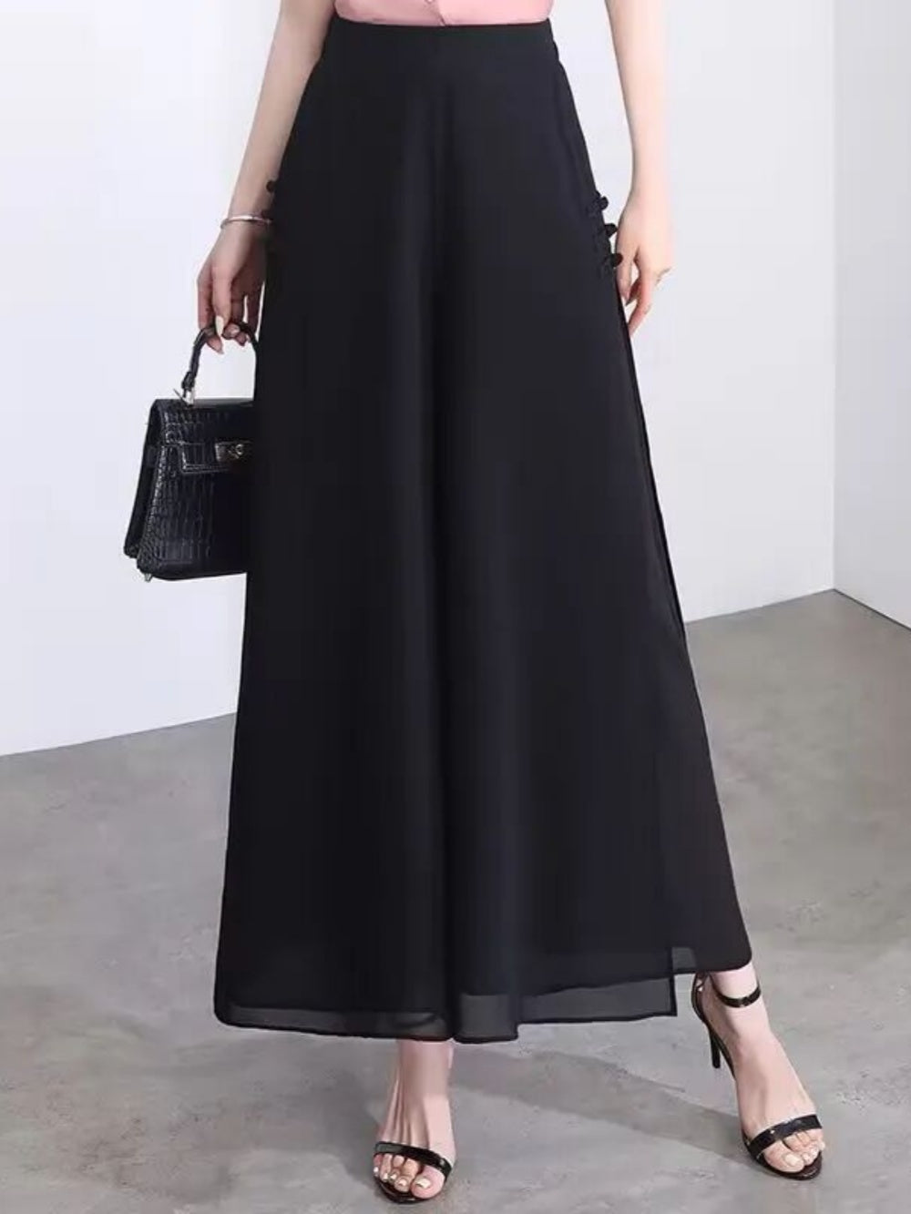Women's chiffon cropped wide-leg pants high waist slit drape detail lightweight button accent