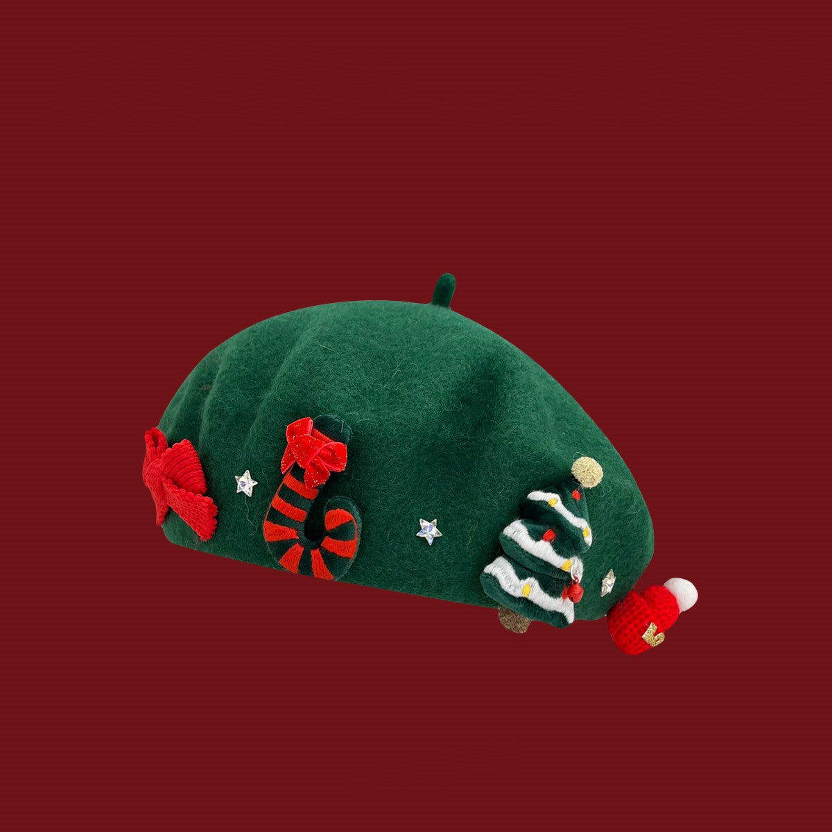 Red patchwork wool beret women Christmas holiday round crown brimless windproof winter hat 56-58cm