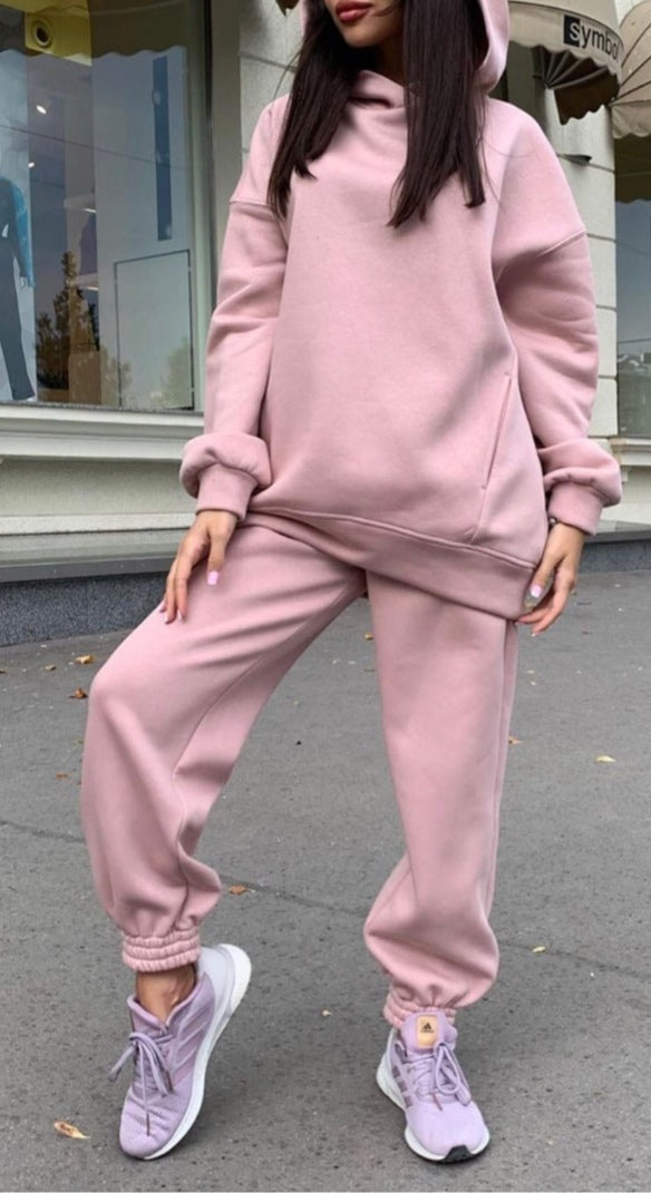 Unisex solid color hooded sweatshirt two-piece set casual long silhouette soft acrylic blend