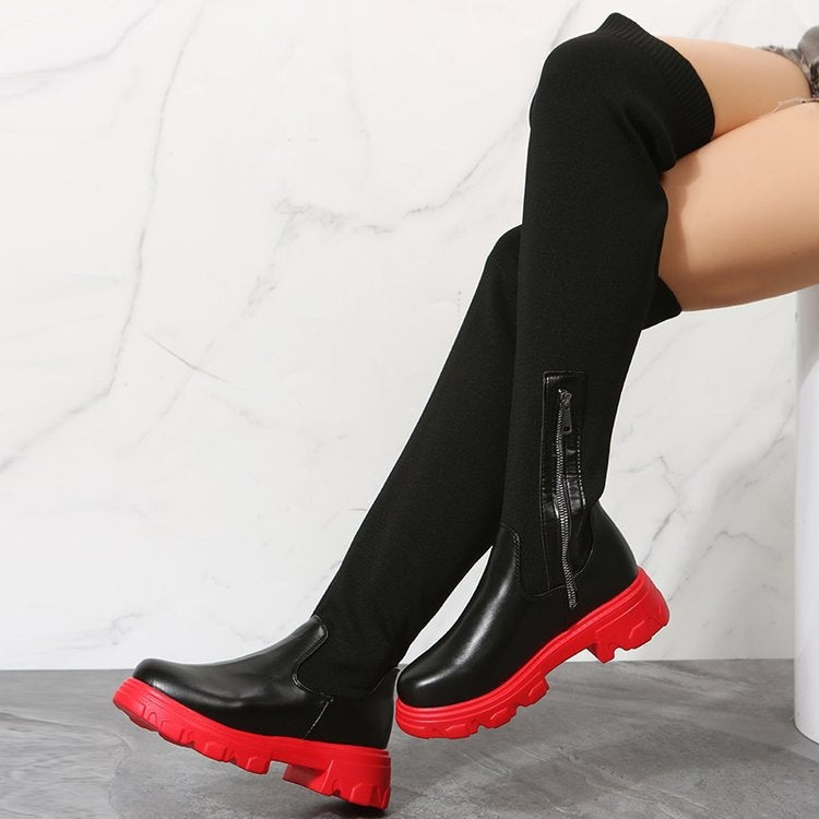 Women's black over-the-knee flyknit platform boots with chunky low heel and slip-on breathable knit upper