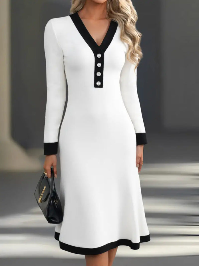 Color-blocked V-neck midi dress in elegant office style with pencil skirt silhouette and refined fit