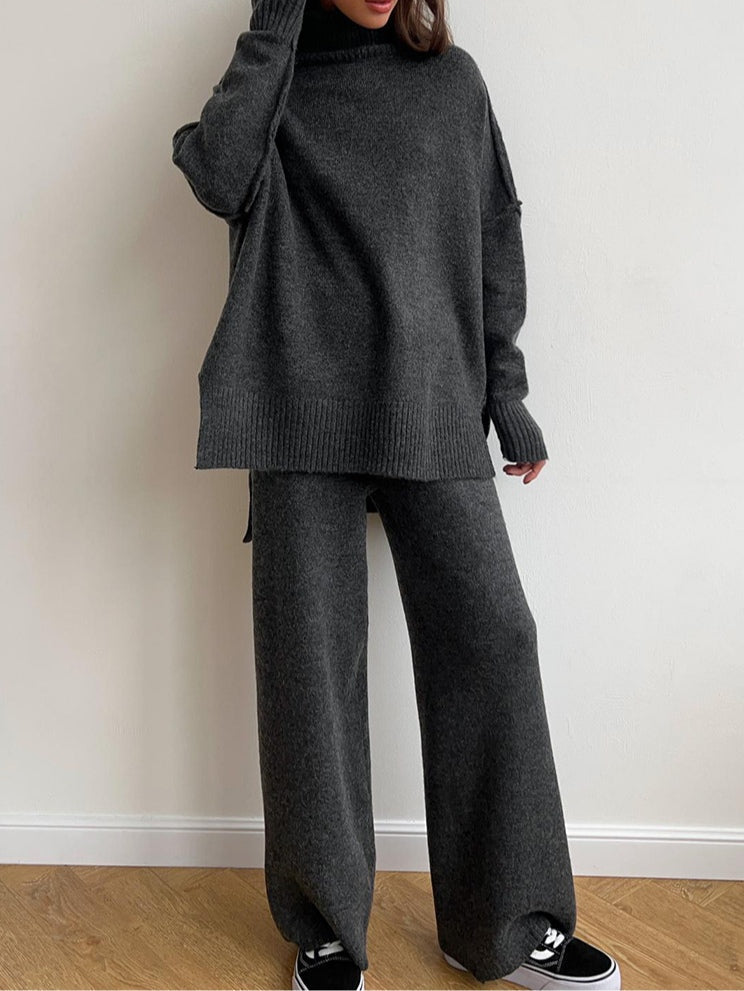 Women's thick knit sweater set high neck loose fit two-piece pants suit cozy casual nylon acrylic