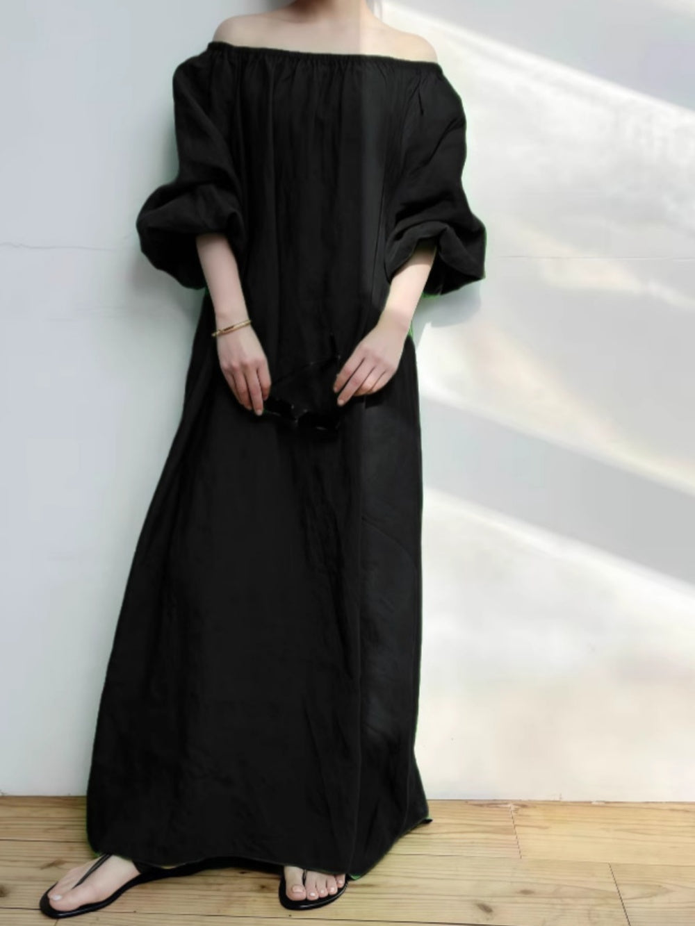 Women's solid off-shoulder A-line dress cotton linen blend pleated lantern sleeves casual loose fit