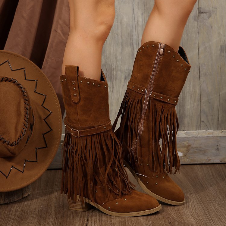 Women's retro brown tassel knight boots with rivet details, side zip, and block mid heel