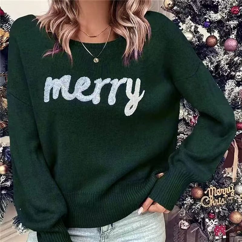 Women's Christmas patchwork crew neck pullover sweater, cozy acrylic knit long sleeve holiday top