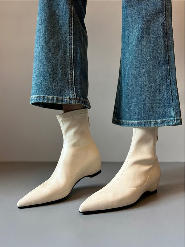 Women's black pointed toe stretch microfiber leather ankle boots with hidden wedge and back zipper
