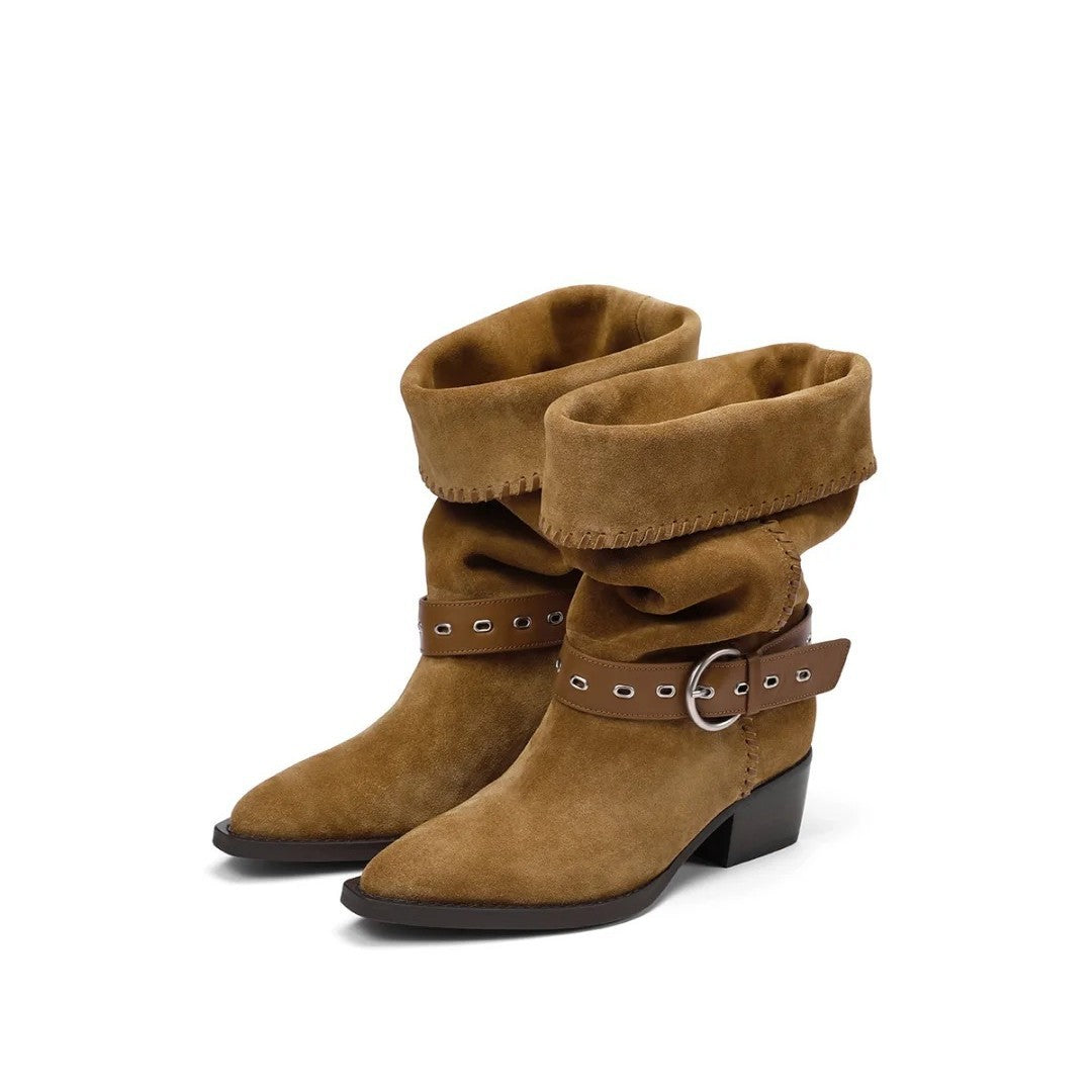 Women's brown suede retro riding boots with satin lining, mid heel, and classic equestrian silhouette