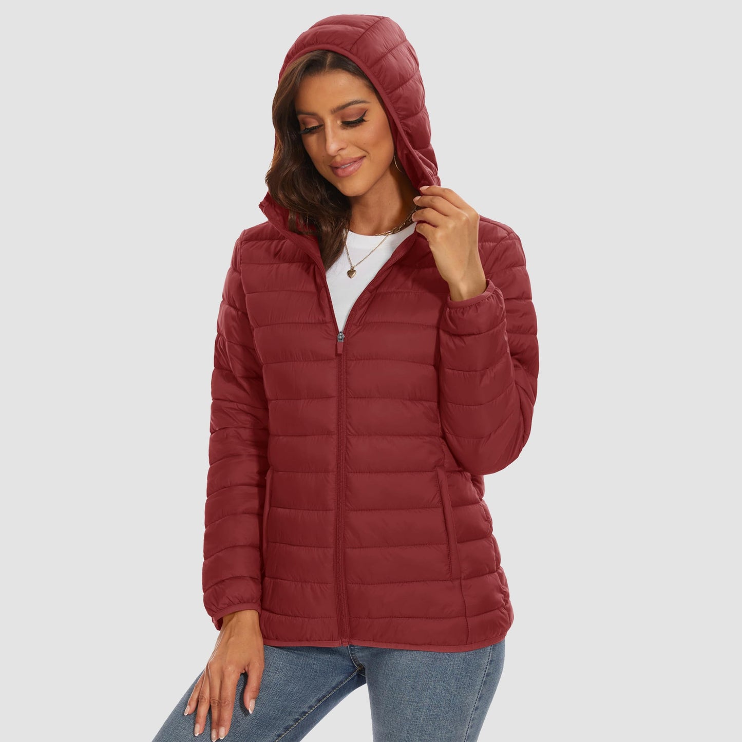 Women's hooded ultra-light puffer jacket full-zip water-resistant windproof packable winter coat