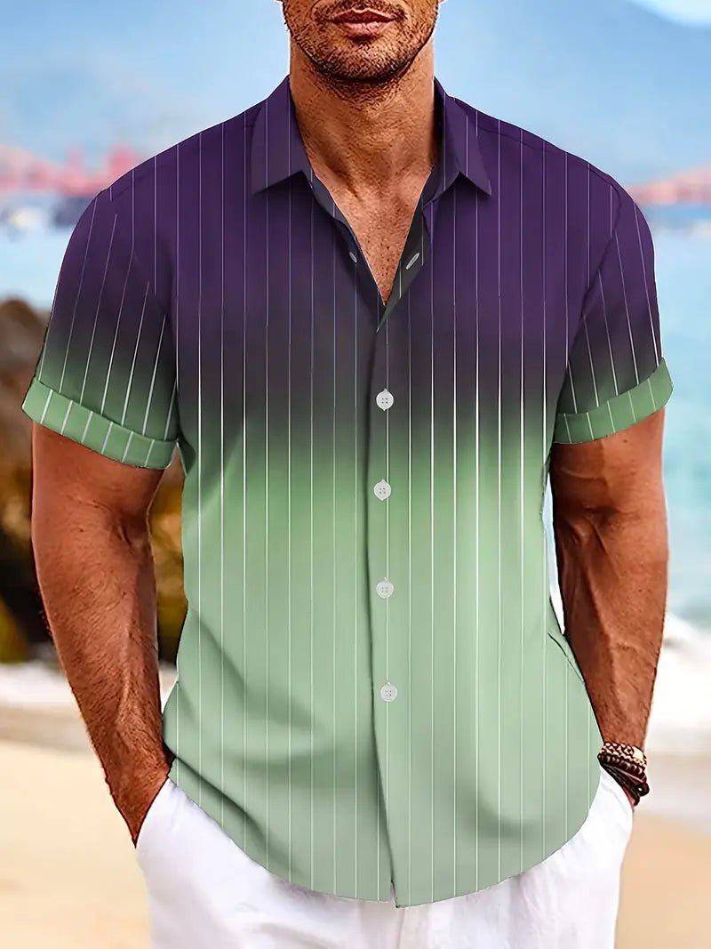 Men's short sleeve button-down shirt gradient stripe pattern casual semi-formal spring summer