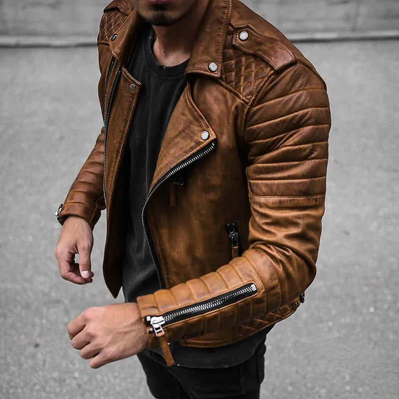 Black men's fitted biker jacket with metallic hardware and structured sustainable design for urban style