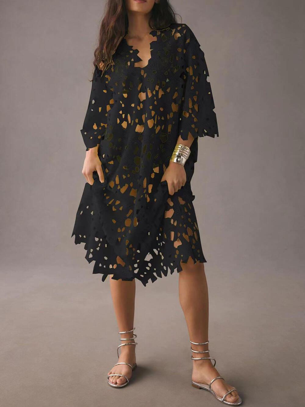 White floral eyelet lace midi cover-up dress, V-neck breezy short sleeves, bohemian beach style