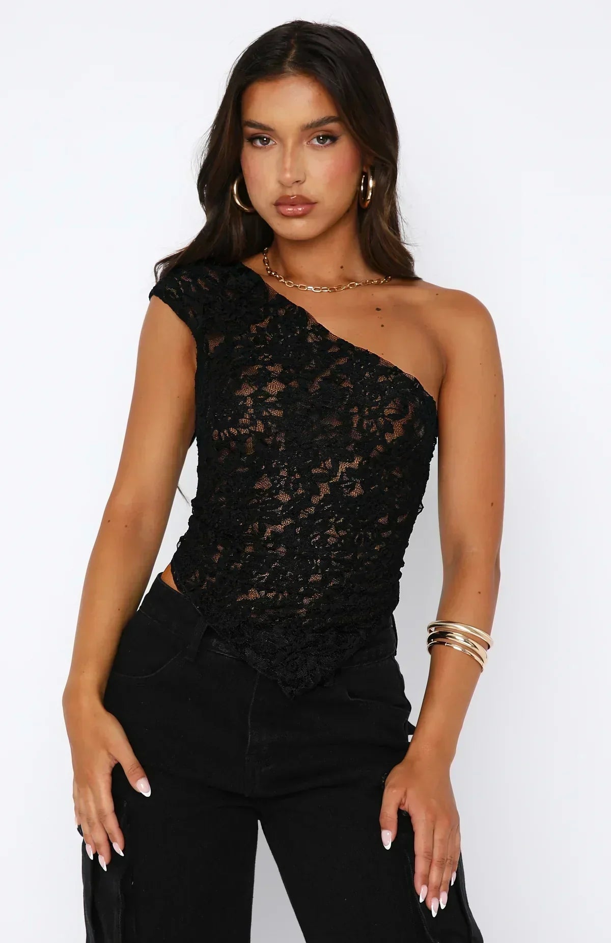 Women's white floral lace cropped one-shoulder top with asymmetric hem, fitted silhouette