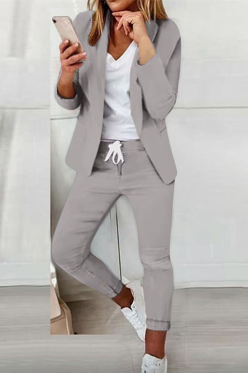 Women's cotton-blend blazer and elastic-waist pants suit set in neutral tones, polished casual style