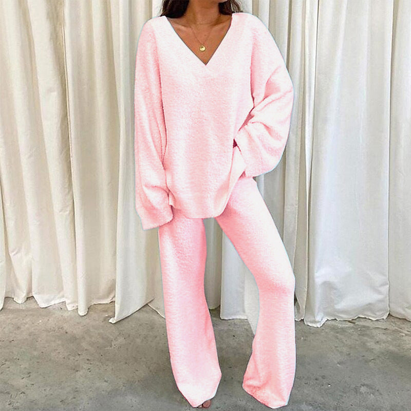 Women solid color V-neck two-piece set, casual polyester leisure wear, flattering matching top and bottoms