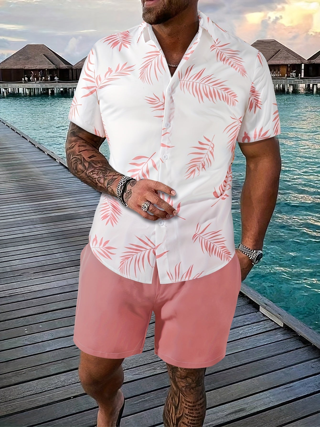 Men's two-piece summer set light colorblock relaxed-fit coordinated beach vacation outfit