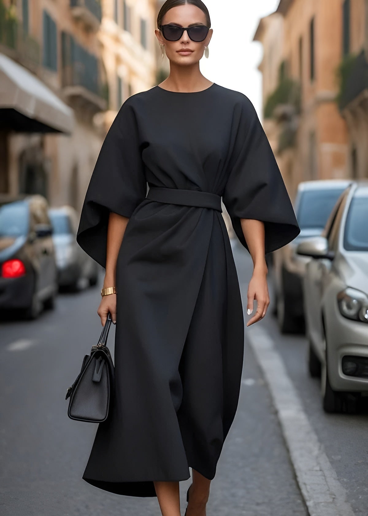 Women's flowy belted maxi dress with draped waist, loose silhouette, and 3/4 kimono sleeves
