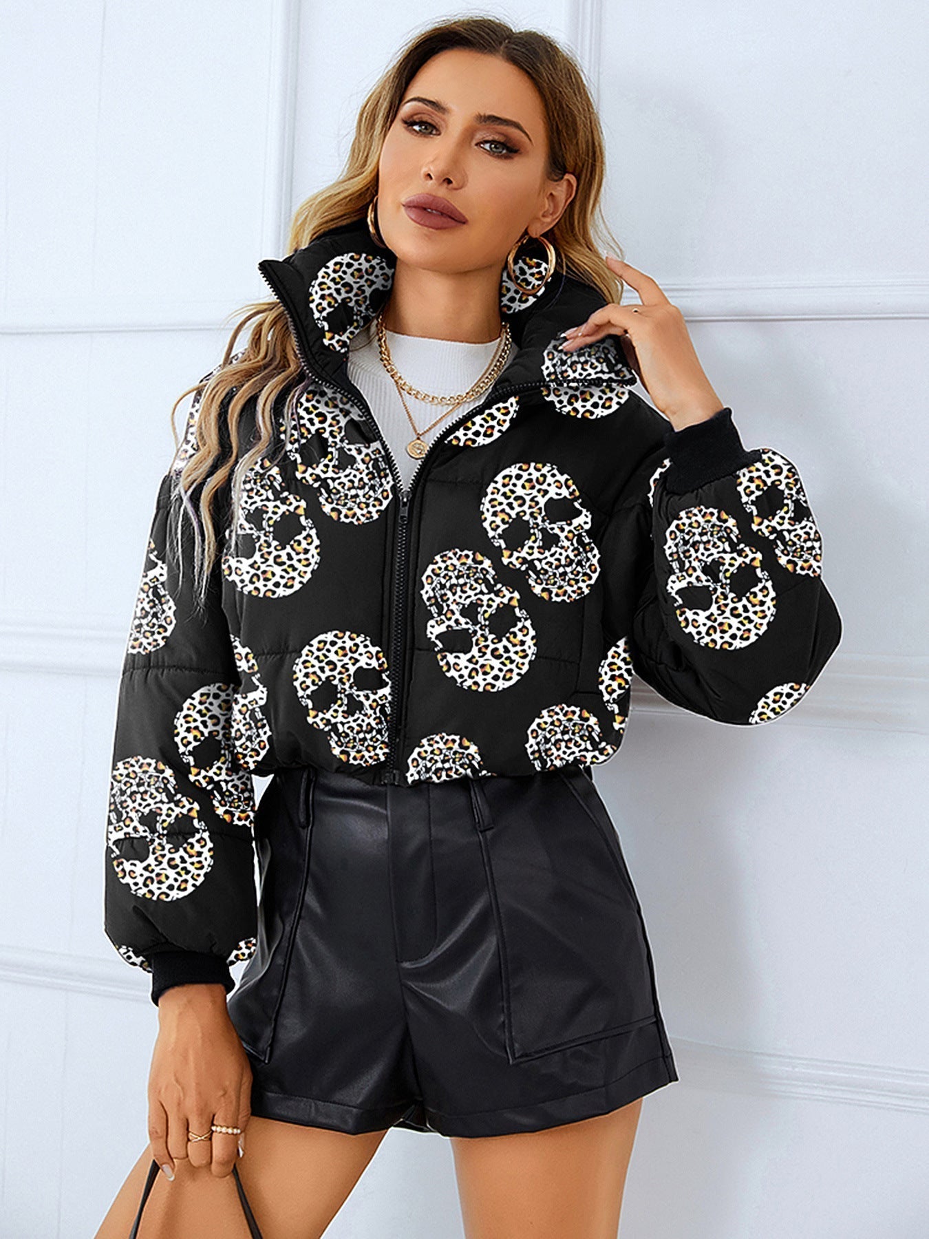 Women's short puffer jacket leopard skull print slim fit cropped bold statement outerwear