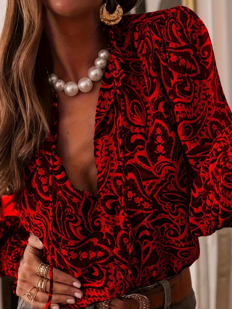 Women's retro print loose fit long sleeve shirt with V-neck puff sleeves in vintage-inspired pattern