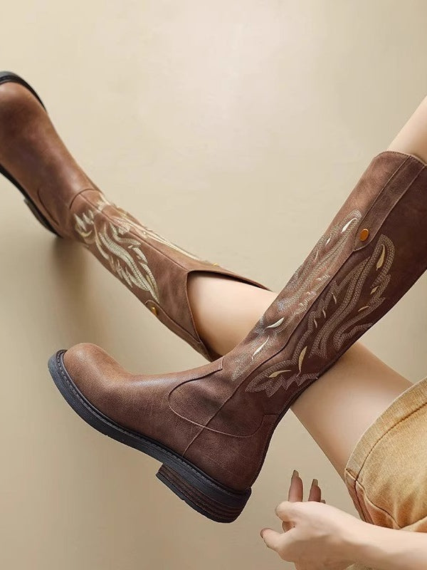 Women's brown embroidered biker boots with back zip, retro style, round toe, warm microfiber upper