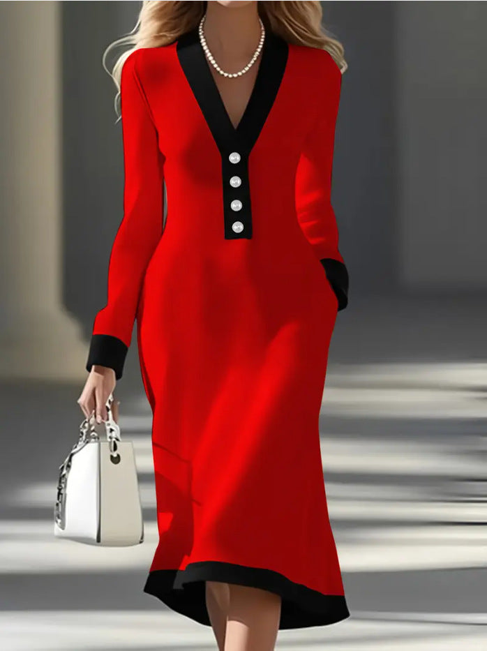 Color-blocked V-neck midi dress in elegant office style with pencil skirt silhouette for women