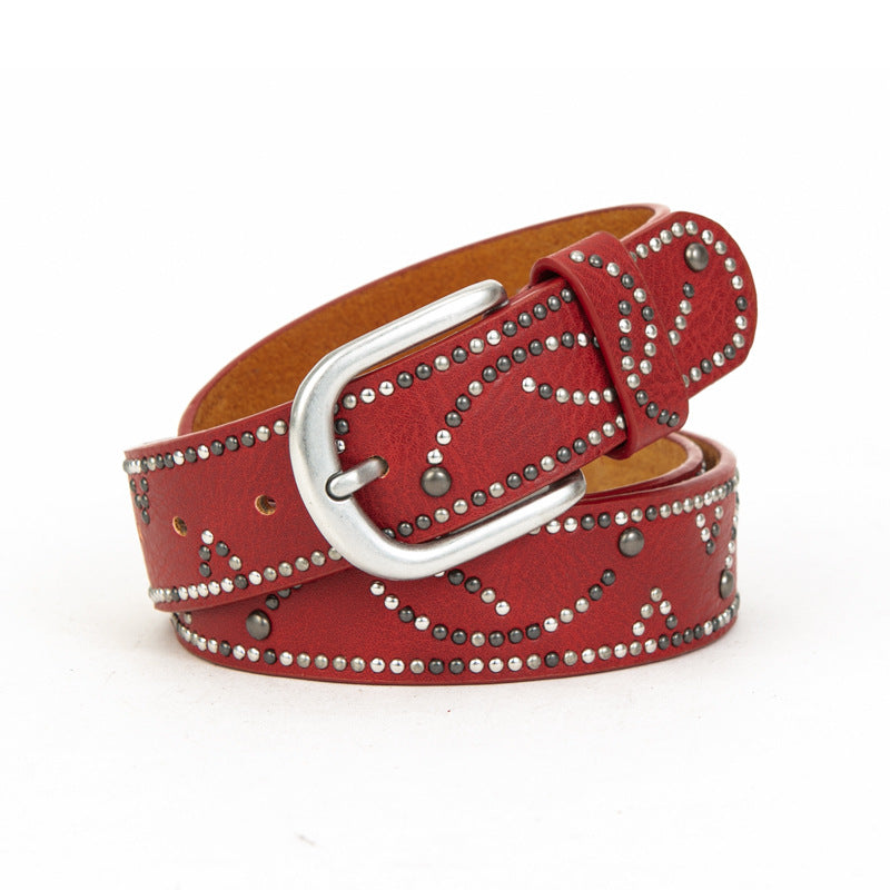 Men's dark gold distressed PU leather belt cracked finish with silver rivets and pin buckle