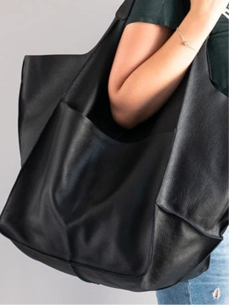 Large soft PU leather tote bag women retro patchwork open top spacious horizontal carry-all
