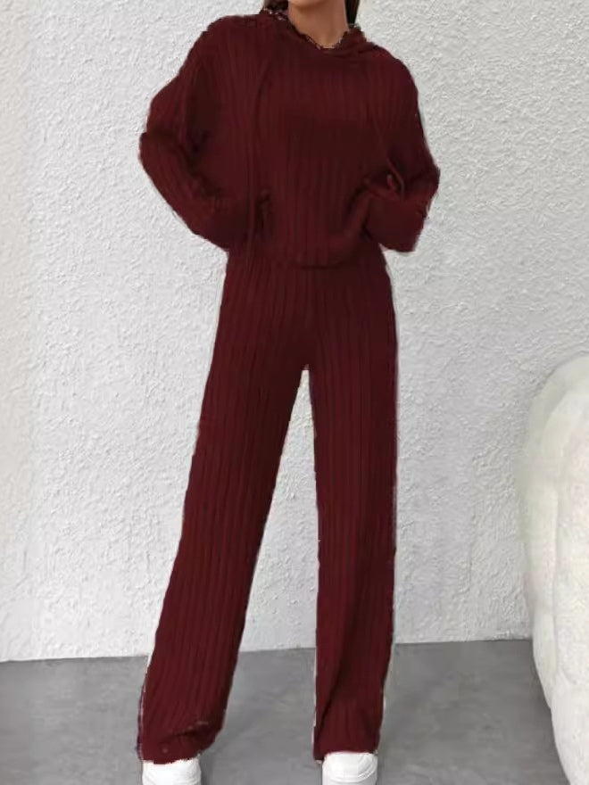Women's striped knit hooded set with dropped shoulders, patchwork detailing, loose long-sleeve comfort fit