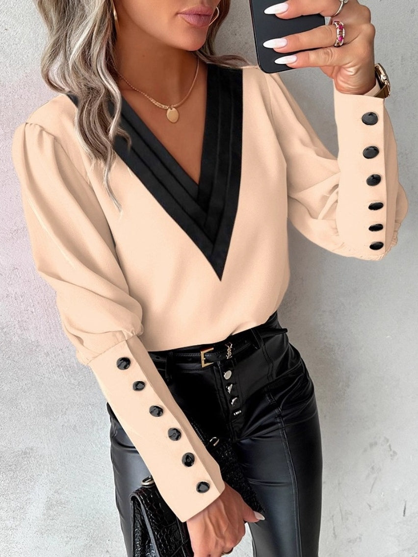 Women's solid color V-neck long sleeve polyester shirt with flattering button-up pullover silhouette