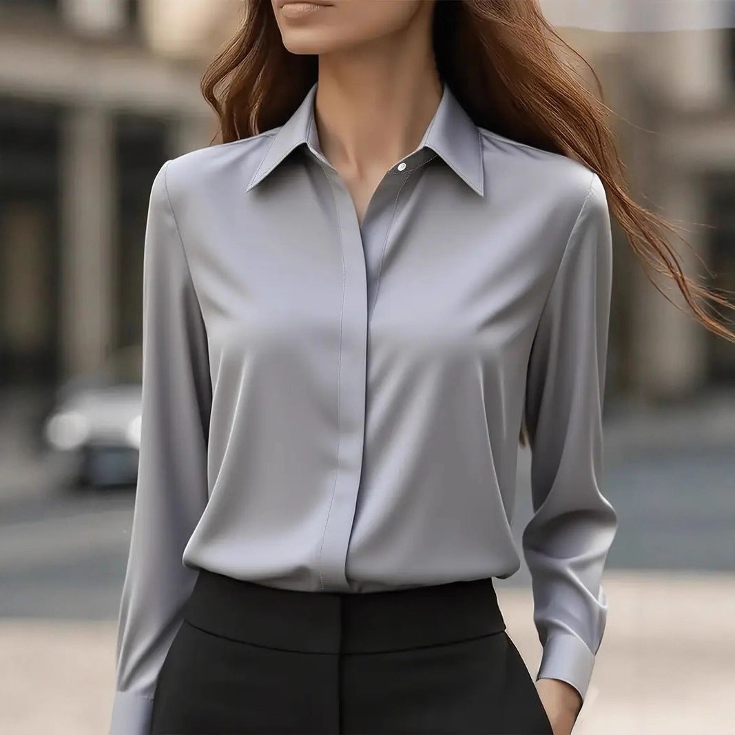 Women's satin lapel shirt long sleeve solid color wrinkle-free mid-length office blouse