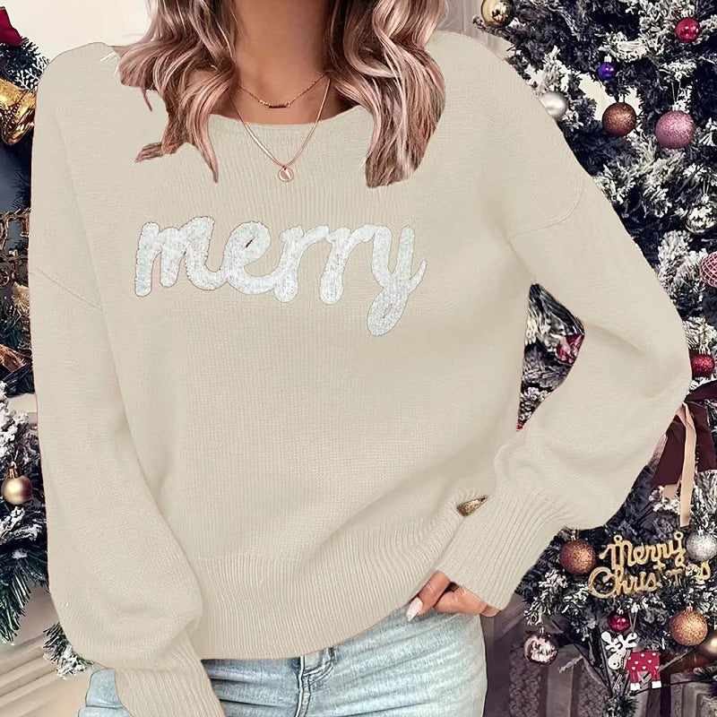 Women's Christmas patchwork crew neck sweater, cozy acrylic knit long sleeve holiday pullover