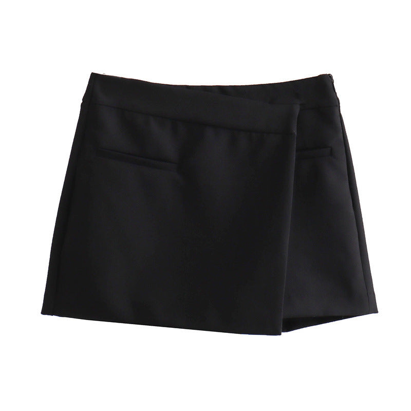 Women's solid color asymmetrical culottes cropped straight-fit mid-rise thick polyester versatile pants