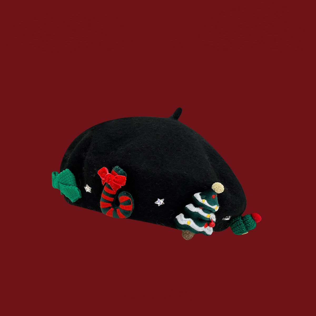 Red patchwork wool beret women Christmas festive round crown brimless windproof winter hat 56-58cm