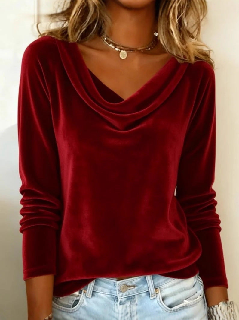 Women's solid velvet long sleeve top with duffle collar and irregular silhouette flattering fit
