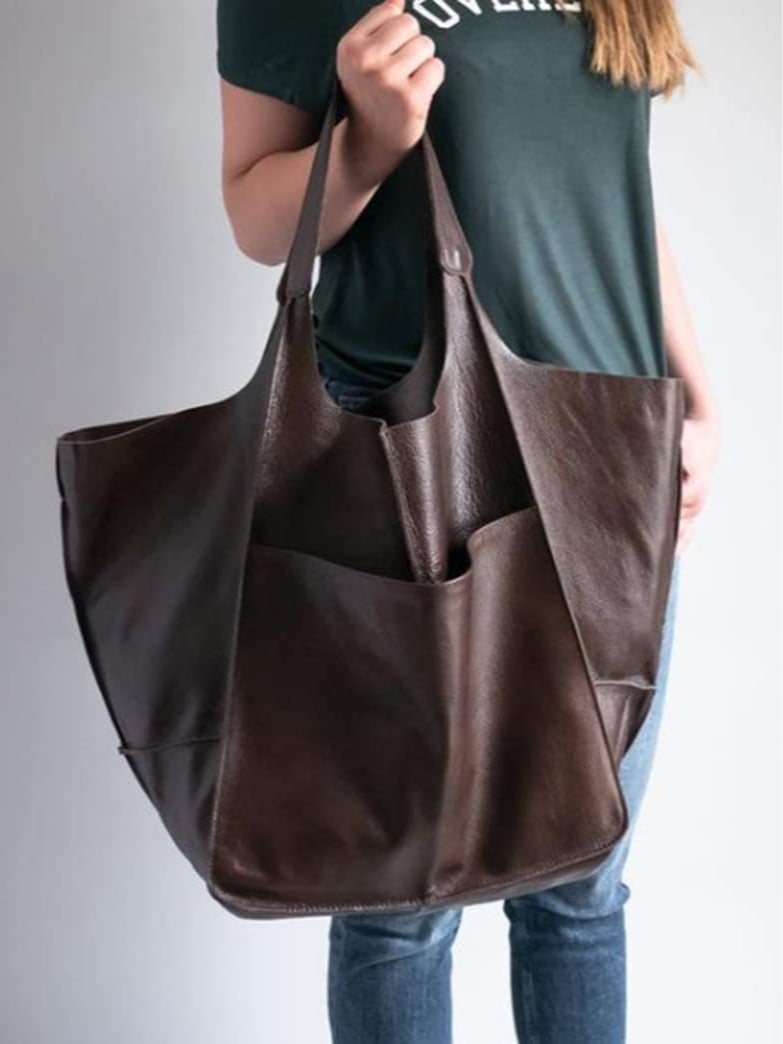 Large soft PU leather tote bag women retro patchwork open top spacious horizontal carry-all