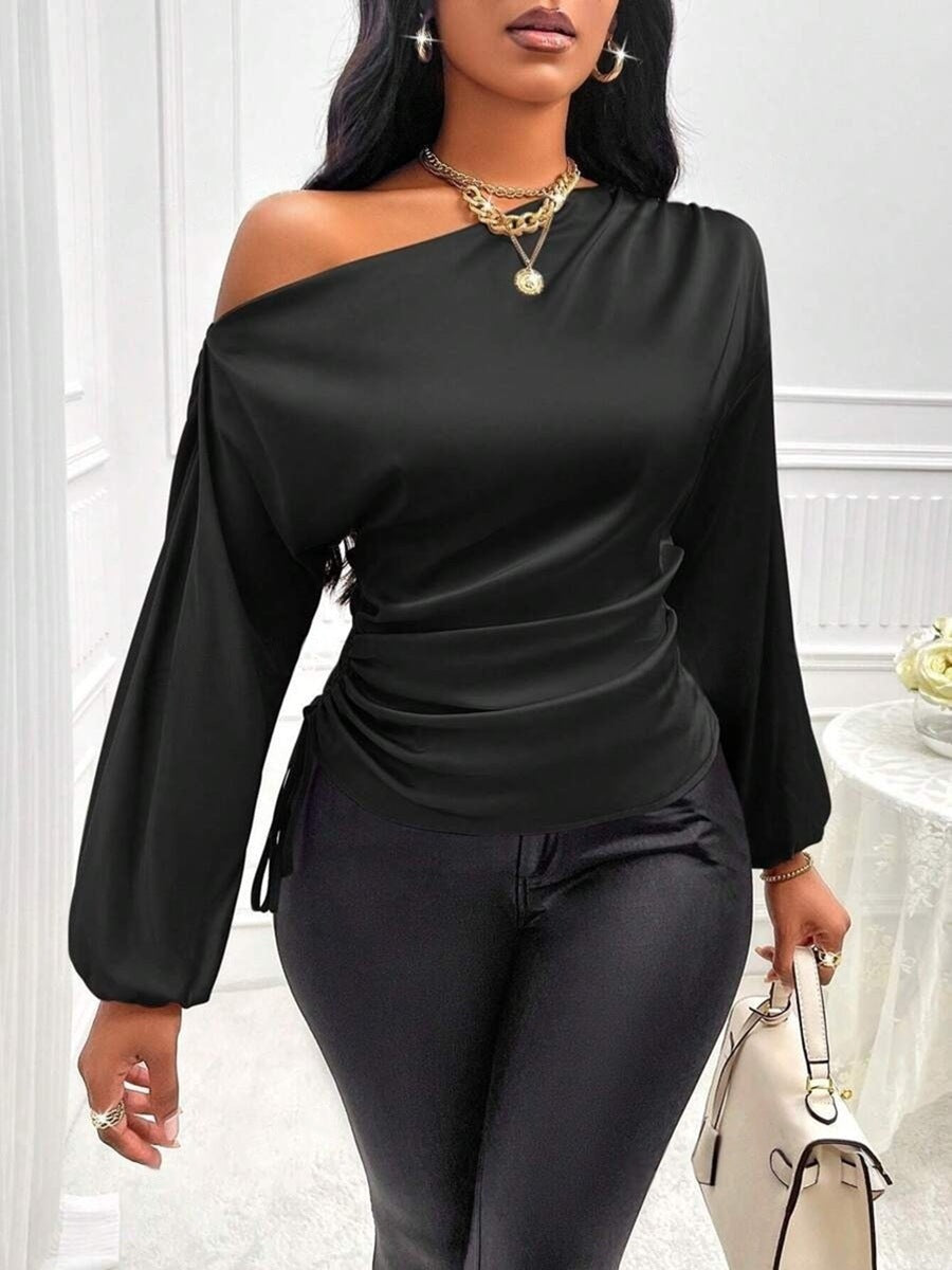 Women's slim fit satin blouse with asymmetrical slanted collar, long sleeves, solid color chic style