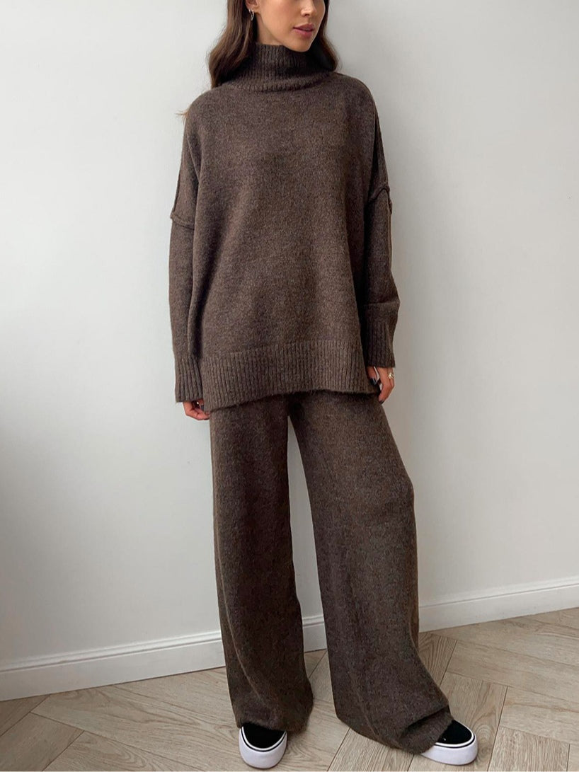Women's thick knit sweater set high neck loose fit pants suit nylon acrylic two-piece casual