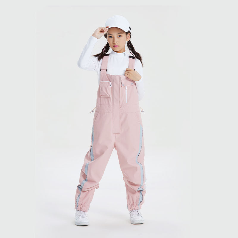 Kids navy blue waterproof ski snow bibs pants with gaiters and taped seams for winter sports