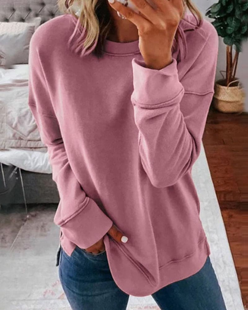 Women's loose fit cotton-polyester pullover sweater in solid color, soft breathable blend for all-day comfort