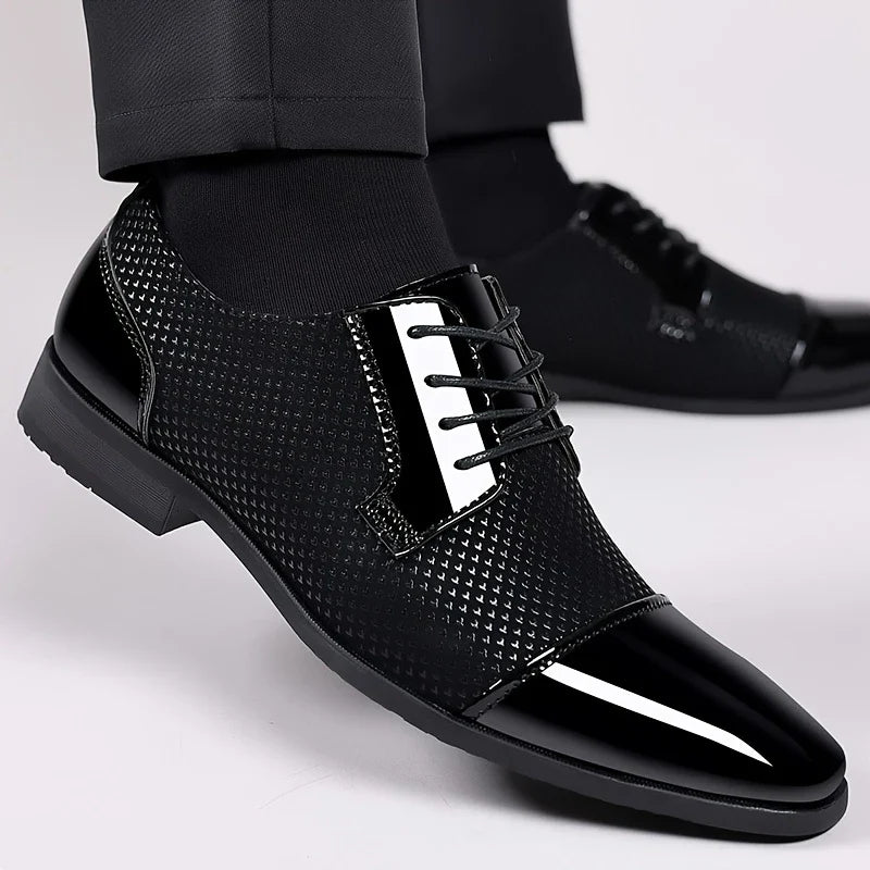 Cavallo patterned knit Oxford shoes mirror-gloss finish faux patent leather toe cap bold formal style